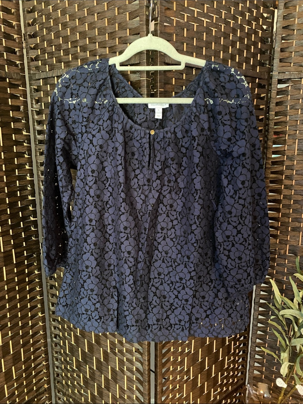 Charter Club Navy Floral Lace 3/4 Sleeve Blouse